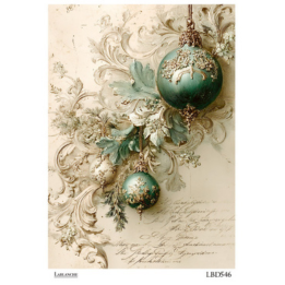 Teal and Gold Baroque Christmas Baubles Rice Paper Decoupage LaBlanche A4 Limited Quantity
