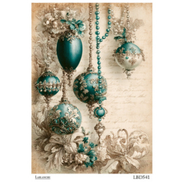 Teal Jeweled Christmas Ornaments  Rice Paper Decoupage LaBlanche A4 Limited Quantity