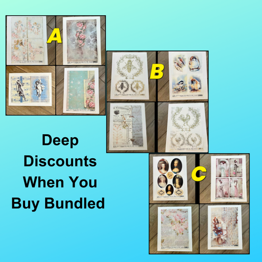 4 Rice Decoupage Papers | Sets A B C | Rice Paper Decoupage | AB Studios | A4