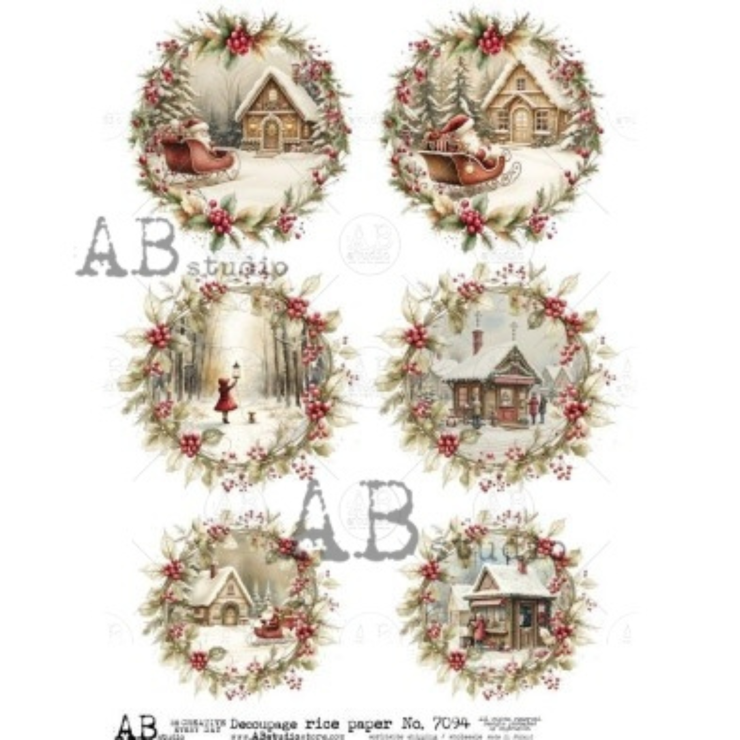 Winter Village Scenes In Wreaths | Rice Paper Decoupage | AB Studios 7094 | A4