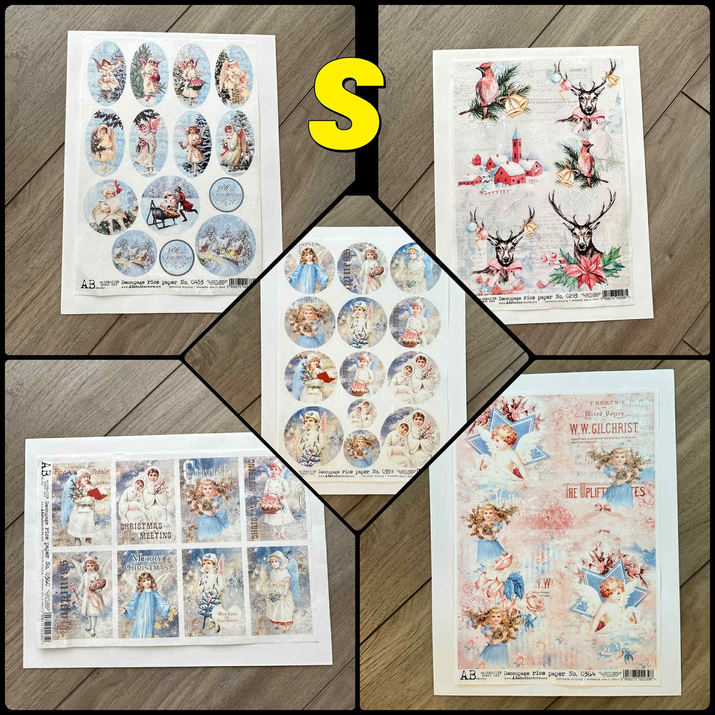 5 Rice Decoupage Papers | Set S T U | Rice Paper Decoupage | AB Studios & Paper Designs | A4