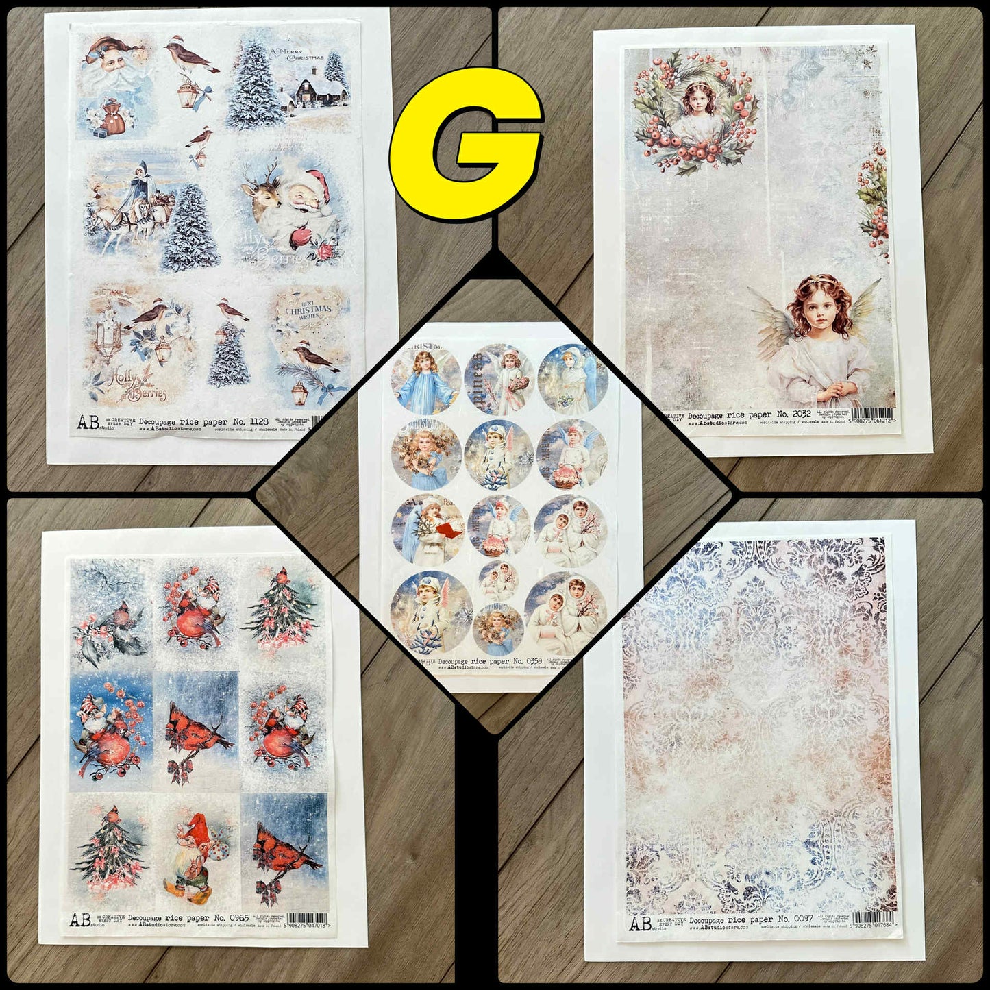 5 Rice Decoupage Papers | Set G H I | Rice Paper Decoupage | AB Studios | A4