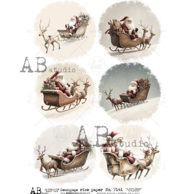 Santa In Sleigh With Reindeer | Rice Paper Decoupage | AB Studios 7141 | A4