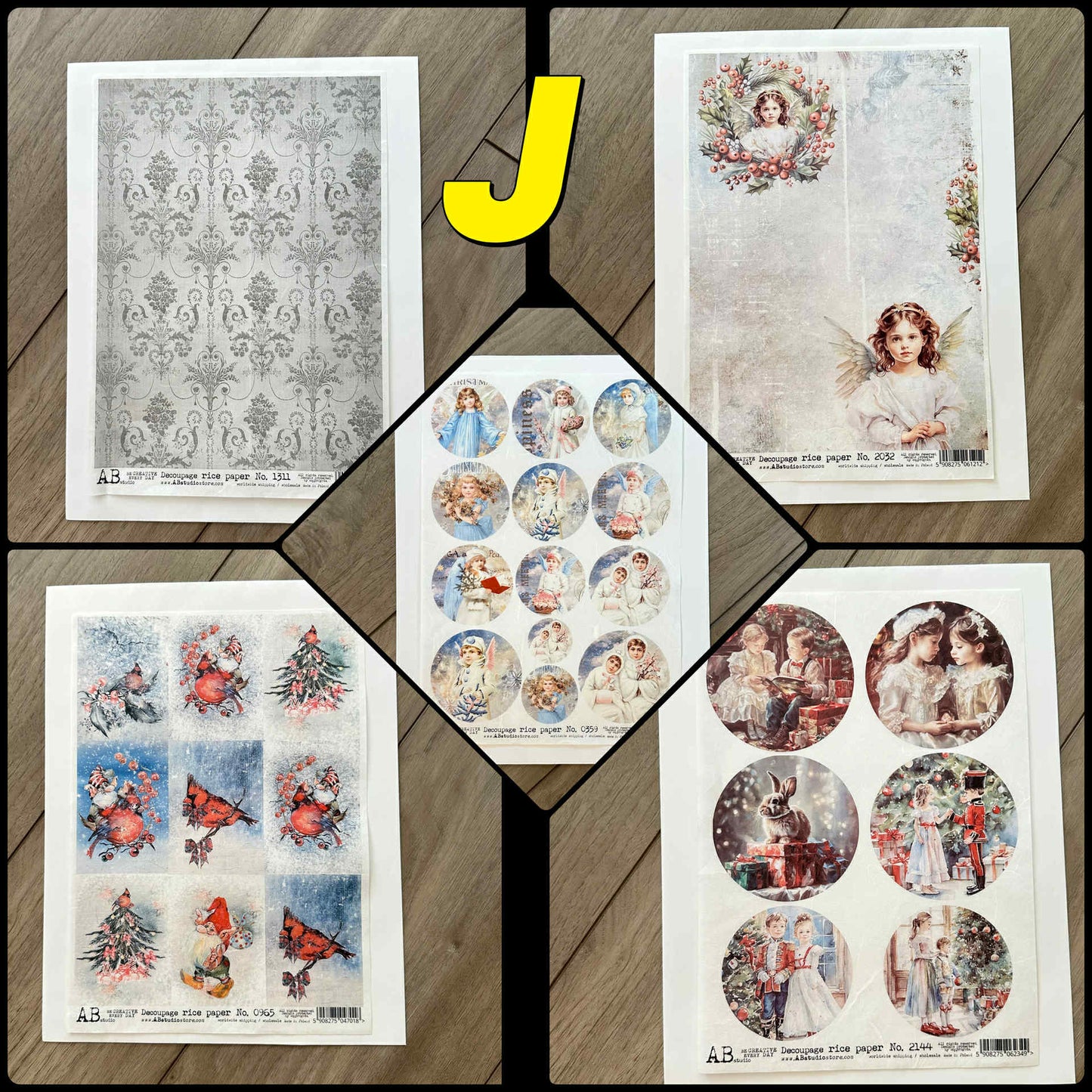 5 Rice Decoupage Papers | Set M N O | Rice Paper Decoupage | AB Studios | A4
