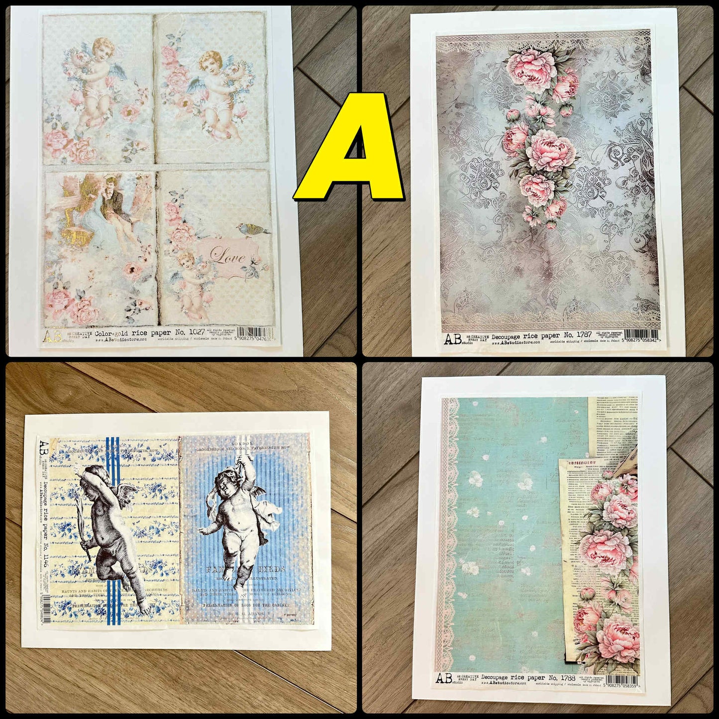4 Rice Decoupage Papers | Sets A B C | Rice Paper Decoupage | AB Studios | A4