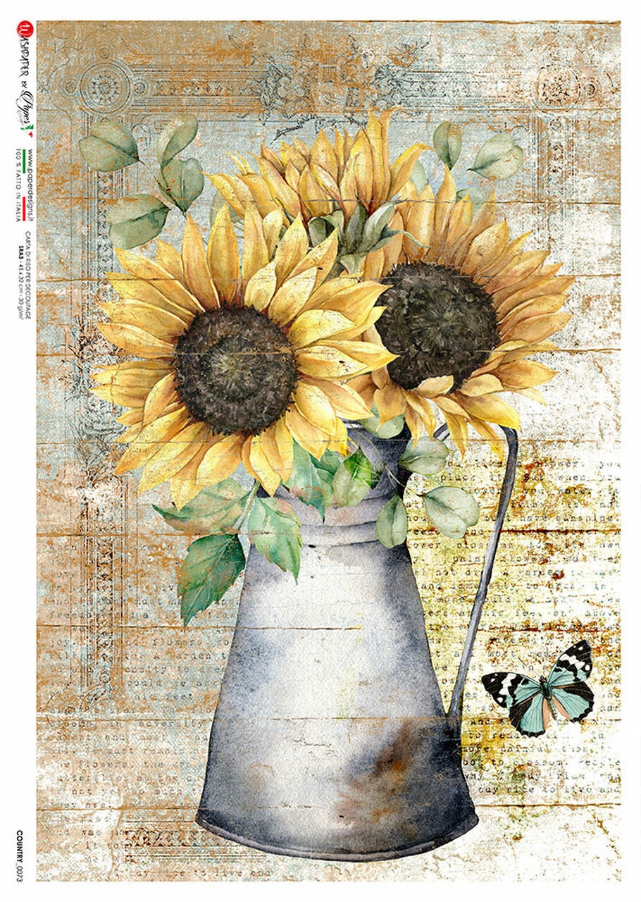 Sunflower In Vase | Rice Paper Decoupage | Paper Designs Country 0073 |   A4 & A3