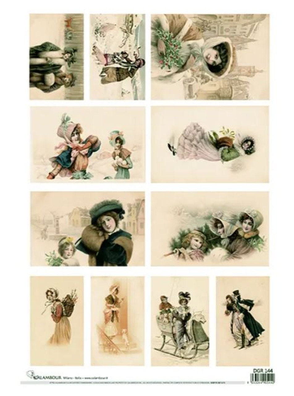 Vintage Mini Christmas Cards | Rice Paper Decoupage | Calambour DGR 144 | A3 11.7 x 16.5"
