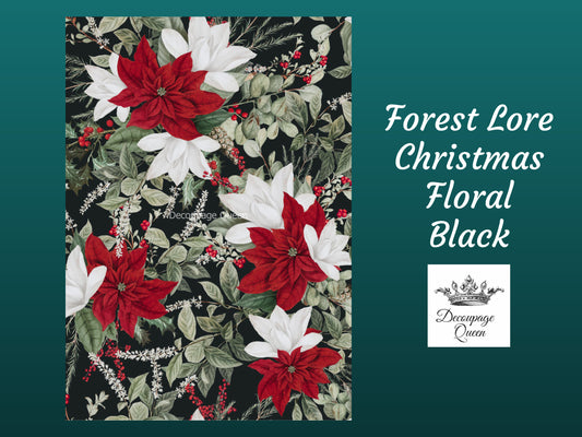 Forest Lore- Christmas Floral Black | Rice Paper Decoupage | Decoupage Queen | A4 | RETIRED