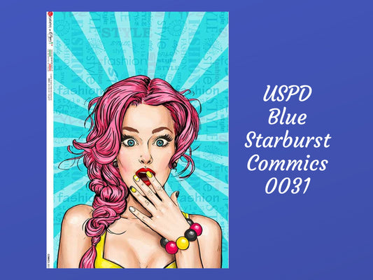 Blue Starburst Pop Art Comics 0031 | Rice Paper Decoupage | Paper Designs | A4