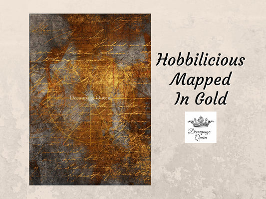 Hobbilicious Mapped In Gold | Rice Paper Decoupage | Decoupage Queen | A4 | RETIRED