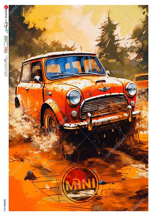 Orange Mini Cooper | Rice Paper Decoupage | US Paper Designs | Vehicles 0070 | Car Decoupage | A4