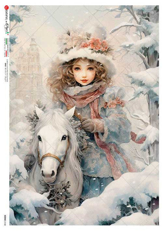 Girl and Horse In Winter Snow | Rice Paper Decoupage | US Paper Designs | Scenes 0160 | A4
