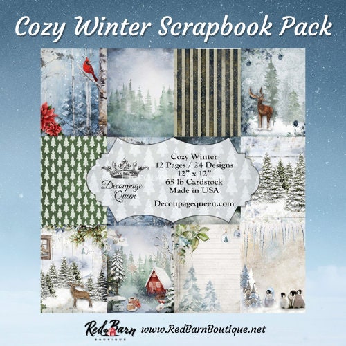 Cozy Winter Scrapbook Set | Decoupage Queen | Scrapbook Paper | 12 x 12 Paper Pack | 12 Pages, 24 Designs |Mixed Media