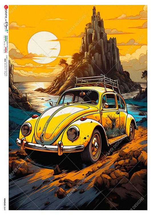 Yellow Volkswagon Beetle | Rice Paper Decoupage | US Paper Designs | Vehicles 0069 | A4