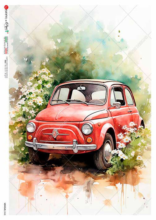 Red Fiat Vintage Car | Rice Paper Decoupage | US Paper Designs | Vehicles 0068 | A4