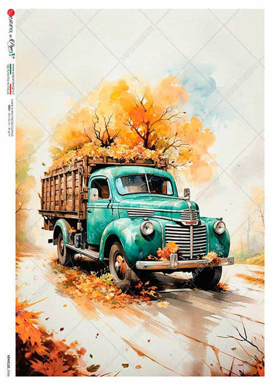 Teal Autumn Truck | Rice Paper Decoupage | US Paper Designs | Vehicles 0066 | A4