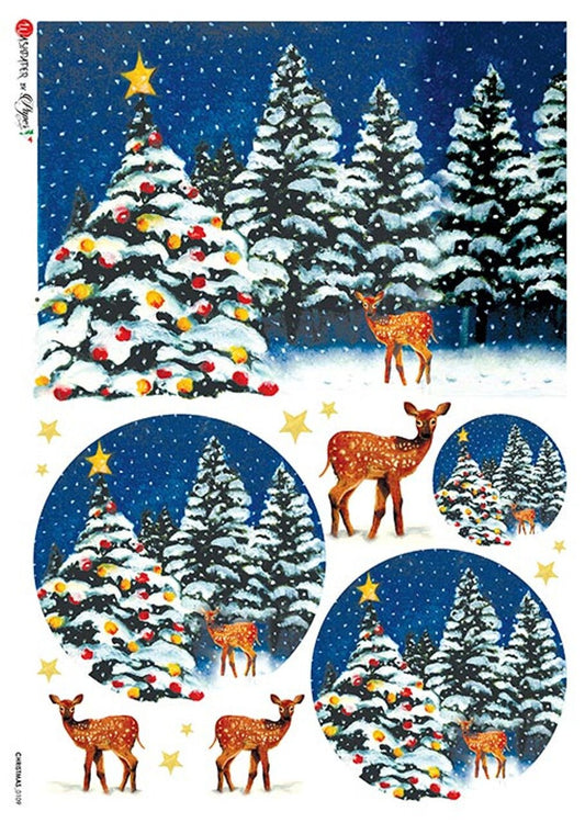 Deer In Snow |  Rice Paper Decoupage | US Paper Designs | Christmas 0109  | A4