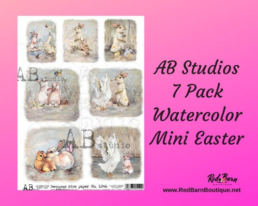 7 Pack Watercolor Mini Easter Scenes | Rice Paper Decoupage 1246 | AB Studios | A4