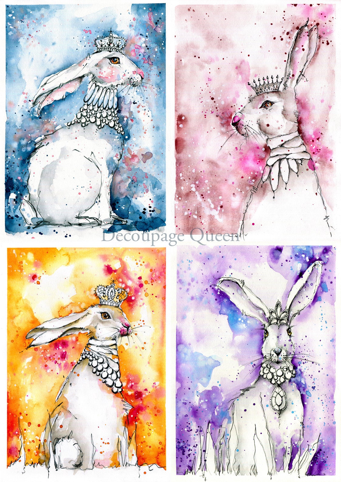 Toni Burt Hares 4 Pack | 4 Separate Images | Rice Paper Decoupage | Decoupage Queen | 2 Sizes