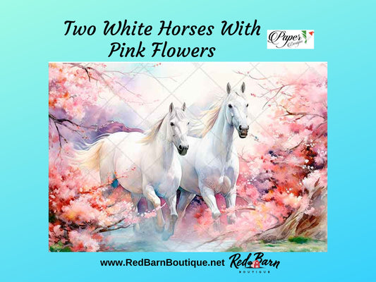 Two White Horses WIth Pink Flowers | Rice Paper Decoupage | Paper Designs Animal 0246 | Sizes A4 & A3