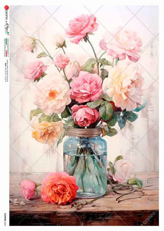 Pink Bouquet In A Blue Jar | Rice Paper Decoupage | Paper Designs Flowers 0425 | A4