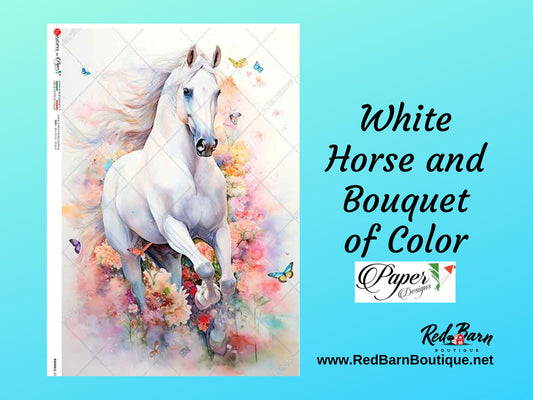 White Horse and Bouquet of Color  | Rice Paper Decoupage | Paper Designs Animal 0243 | Sizes A4 & A3