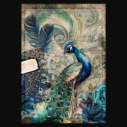 Jeweled Peacock | Decoupage Paper | Rice Paper Decoupage | Decoupage Queen | A2 and A1