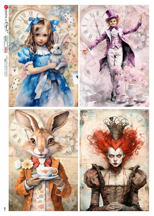 Alice In Wonderland 4 Pack Set | Rice Paper Decoupage | USPaper Designs Set 1 | A4 & A3