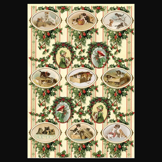 Kitten Holly and Stripes | Rice Paper Decoupage | Calambour TCR-68 | A3 | Printed in Italy