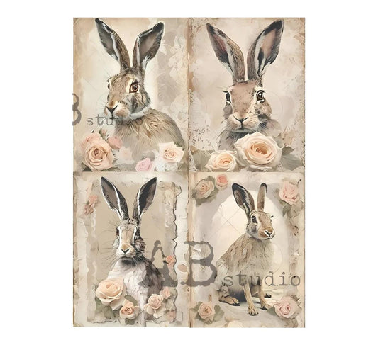 Four Stately Shabby Chic Rabbits | Rice Paper Decoupage | AB Studios 4896 | A4