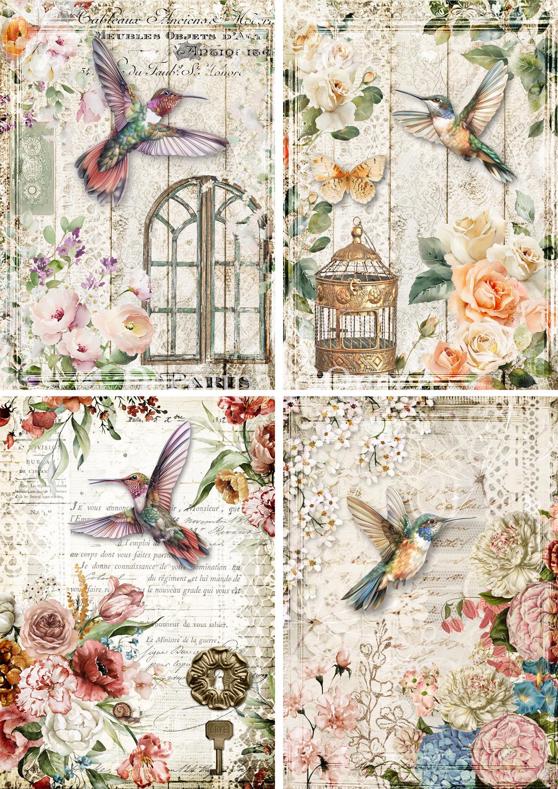 Hummingbird Four Pack | Rice Paper Decoupage | Decoupage Queen | Designed In The USA | Printed In Italy | 2 Sizes