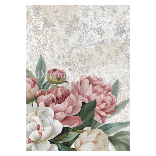 Peonies and Lace | Rice Paper Decoupage | Designed In The USA | Printed In Italy | Decoupage Queen | Dainty and The Queen | A4