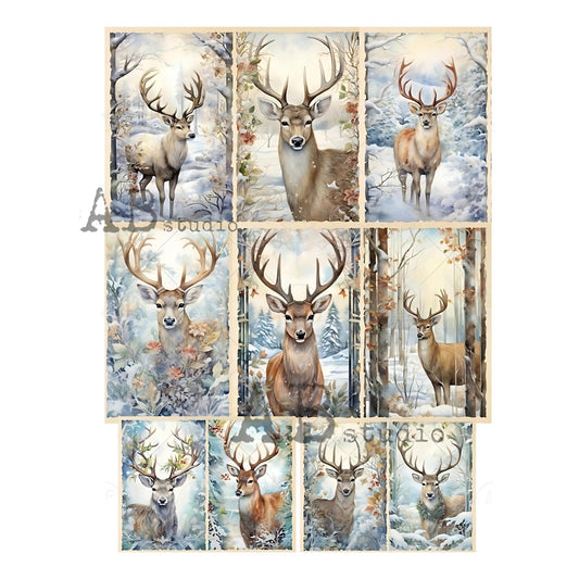 Nine Reindeer Scenes | Rice Paper Decoupage | AB Studios 2449 | A4