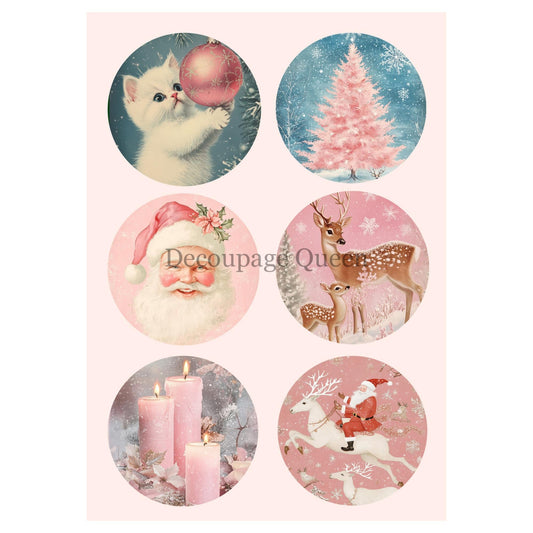 Pink Winter Ornaments | Rice Paper Decoupage | Decoupage Queen | A4