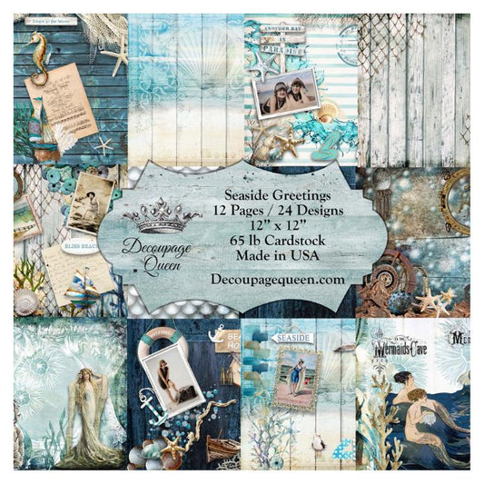 Seaside Greeting Scrapbook Set | Decoupage Queen | Scrapbook Paper | 12 x 12 Paper Pack | 12 Pages, 24 Designs | Mixed Media